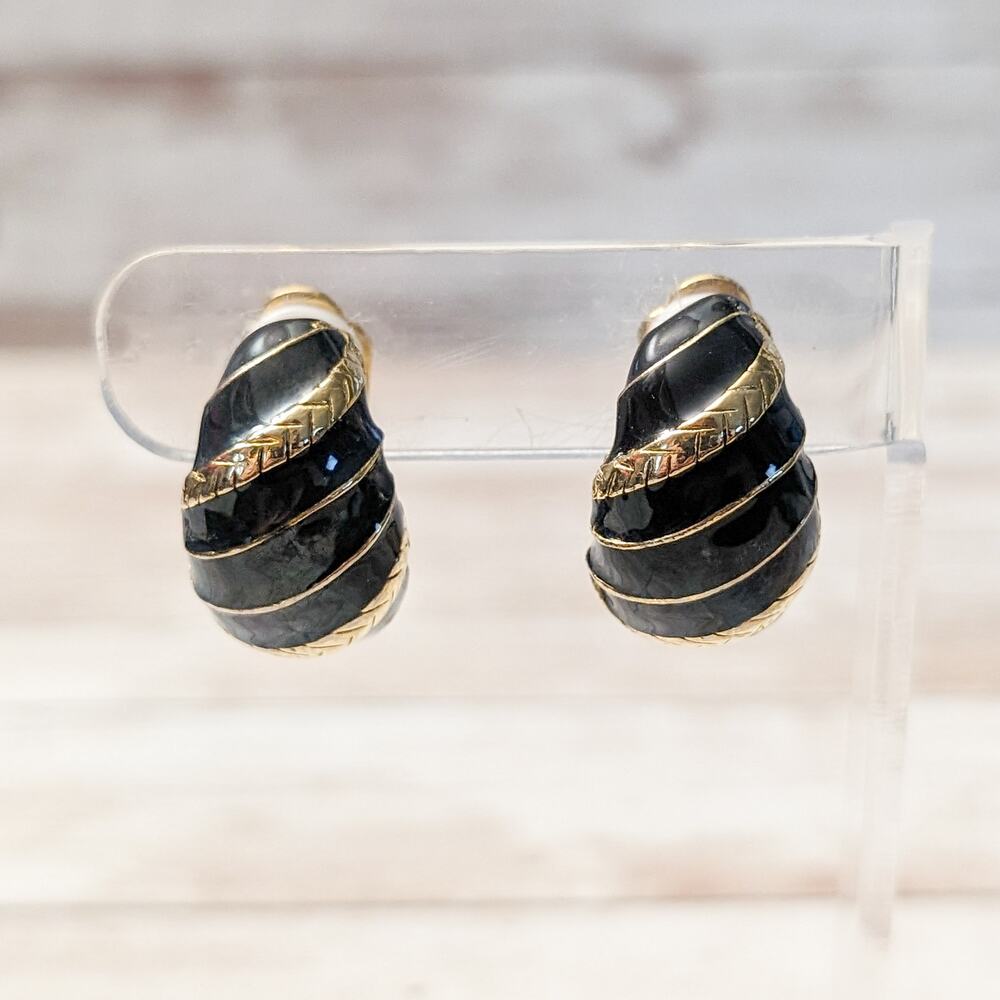 Vintage Clip On Earrings Chunky Statement Black Enamel and Gold Tone